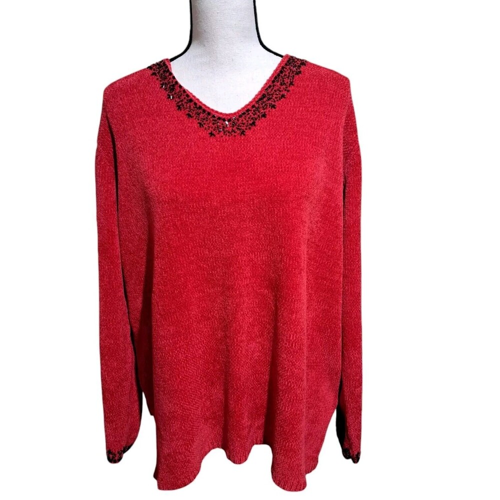 Womens 1X Stitches In Time Red Pullover Sweater Beaded V-Neck Long Sleeve Soft